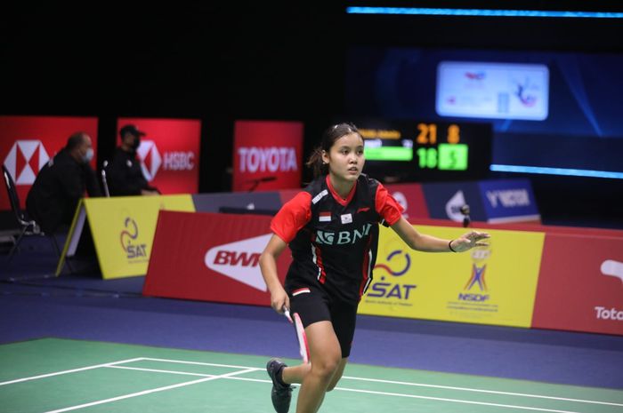 Pemain tunggal putri, Bilqis Prasista, saat bertanding di partai terakhir melawan Florentine Schoffski (Jerman) pada babak penyisihan Grup A  Uber Cup 2022 di Impact Arena, Bangkok, Thailand, Selasa (10/5/2022).