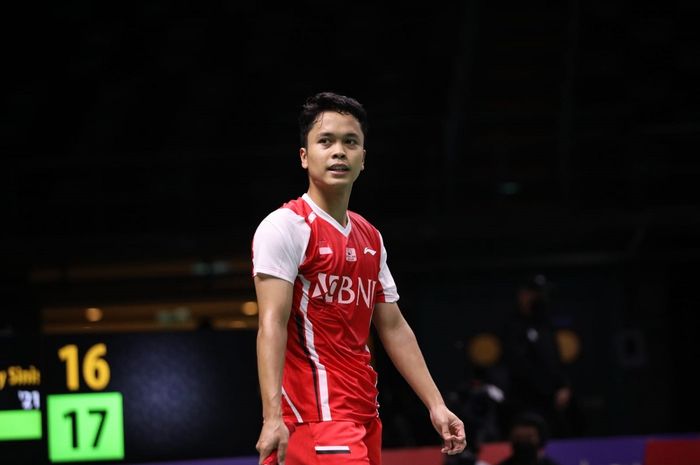 Pemain tunggal putra Indonesia Antony Sinisuka Ginting saat melawan Korea Selatan di Thomas Cup 2022