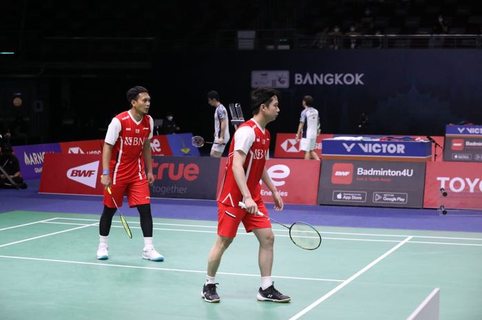 Pasangan ganda putra Indonesia, Mohammad Ahsan/Kevin Sanjaya Sukamuljo,pada Thomas Cup 2022 di Impact Arena, Bangkok, Thailand.