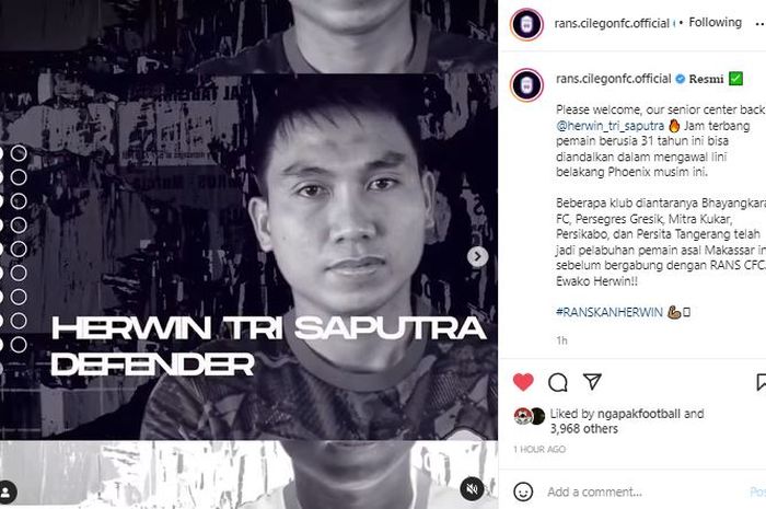 RANS Cilegon FC resmi mendatangkan bek tengah berusia 31 tahun, Herwin Tri Saputra.