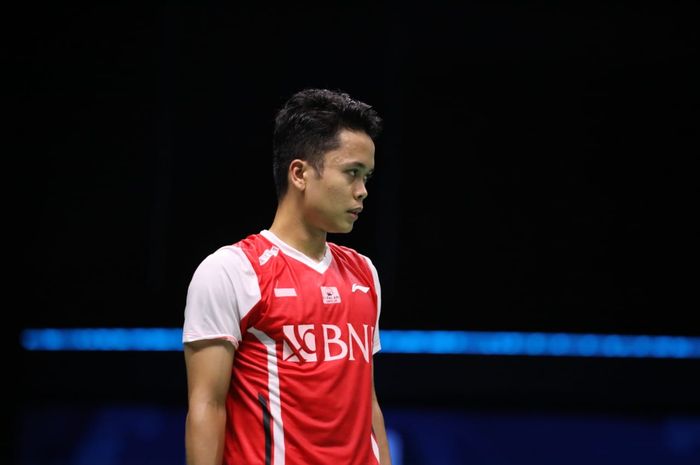 Anthony Sinisuka Ginting saat turun pada babak semifinal Thomas Cup 2022 melawan Jepang, Jumat (13/5/2022)