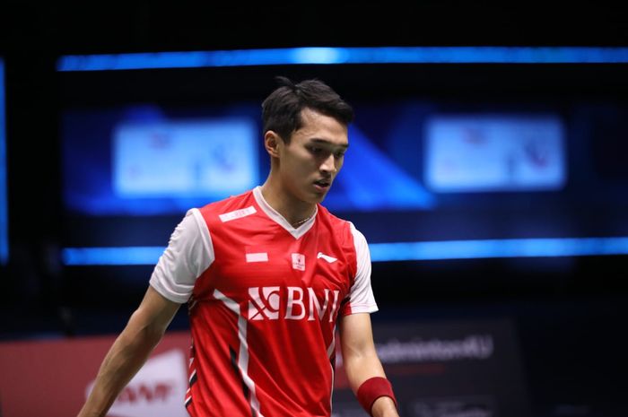 Jonatan Christie saat turun pada babak semifinal Thomas Cup 2022 melawan Jepang, Jumat (13/5/2022).