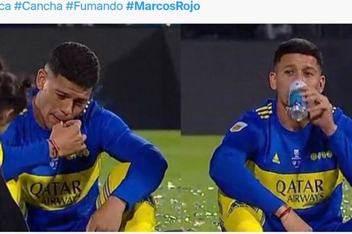 Mantan bek Manchester United, Marcos Rojo, merayakan gelar yang diraih Boca Juniors di Piala Liga Profesional pada hari Minggu (22/5/2022), dengan menikmati rokok dan bir di lapangan.