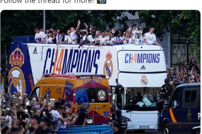 Suasana parade perayaan juara Real Madrid usai merengkuh trofi ke-14 Liga Champions pada Minggu (29/5/2022).