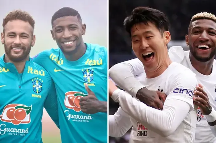 (Foto kiri) Neymar dan Emerson Royal di timnas Brasil. (Foto kanan) Son Heung-min dan Emerson Royal di Tottenham Hotspur.