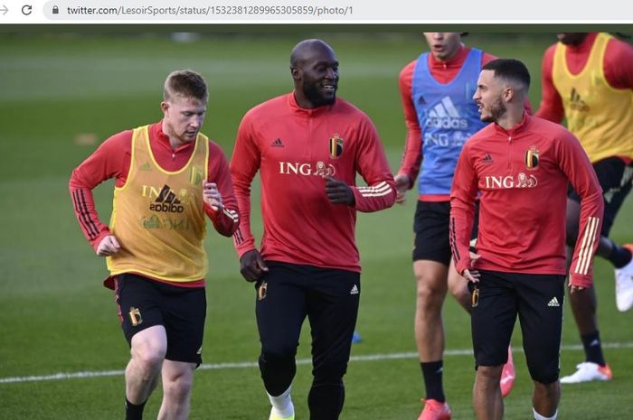 Tiga pemain timnas Belgia, Kevin De Bruyne, Romelu Lukaku, dan Eden Hazard 