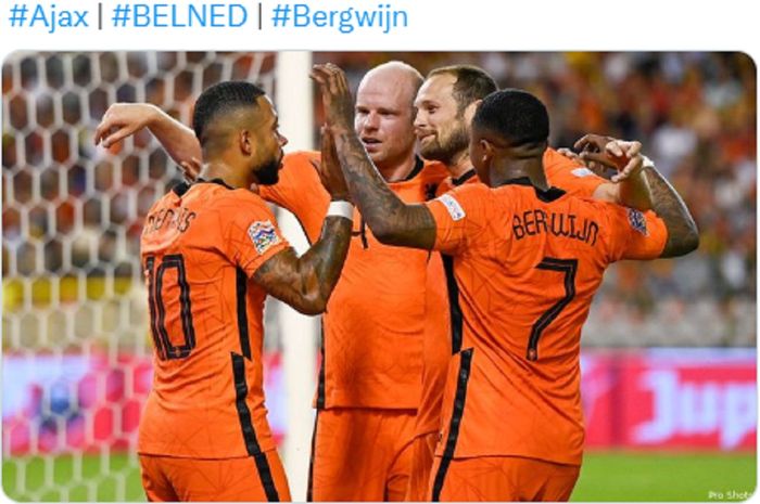 Selebrasi para pemain Belanda usai mencetak gol ke gawang Belgia dalam laga UEFA Nations League, Sabtu (4/6/2022).