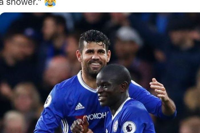 Diego Costa dan N'Golo Kante melakukan selebrasi saat berkostum Chelsea.