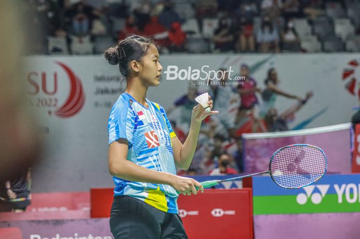 Pebulutangkis tunggal putri Indonesia, Putri Kusuma Wardani (Putri KW), sedang bertanding di Indonesia Masters 2022.