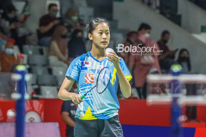 Pebulutangkis tunggal putri Indonesia, Putri Kusuma Wardani (Putri KW), sedang bertanding di Indonesia Masters 2022.