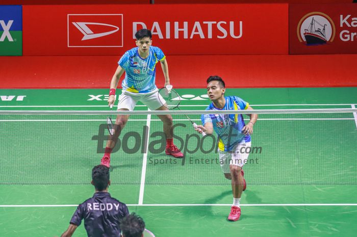 Aksi Pramudya/Yeremia pada babak pertama Indonesia Masters 2022, Selasa (7/6/2022)