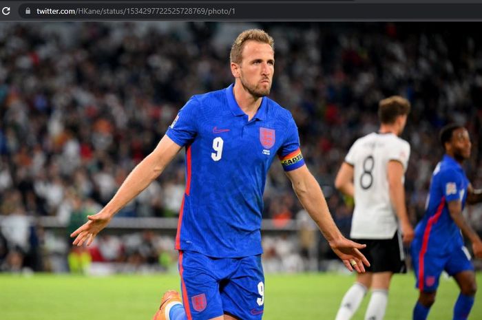 Selebrasi penyerang timnas Argentina, Harry Kane, usai membobol gawang timnas Jerman