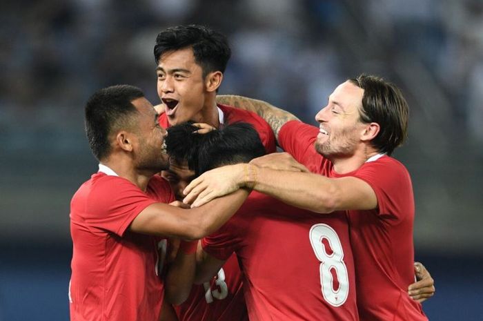 Para pemain Timnas Indonesia melakukan selebrasi saat laga melawan Kuwait di Kualifikasi Piala Asia 2023, Rabu (8/6/2022) malam WIB.