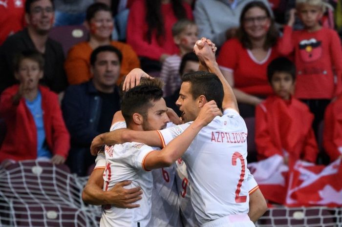 Pemain timnas Spanyol, Pablo Sarabia, merayakan golnya ke gawang Swiss dalam laga UEFA Nations League 2022-2023.