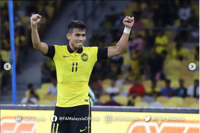 Safawi Rasid setelah mencetak gol untuk Malaysia saat menghadapi Bangladesh pada pertandingan terakhir Grup E Kualifikasi Piala Asia 2023, Selasa (14/6/2022).