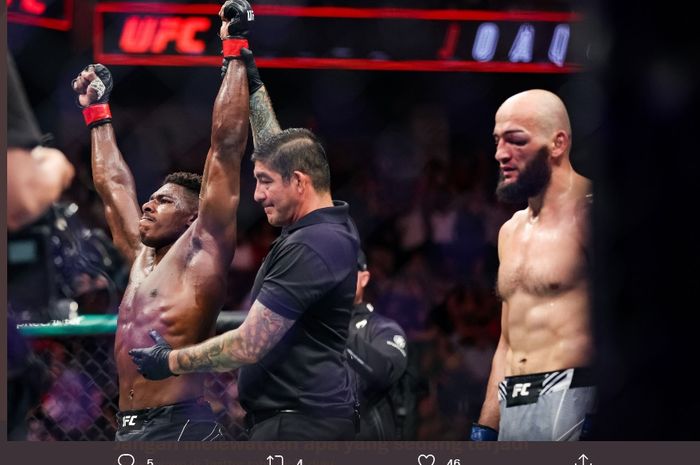 Momen Joaquin Buckley (kiri) dinyatakan menang dalam duel melawan Albert Duraev (kanan) pada UFC Austin, Minggu (19/6/2022) waktu Indonesia.