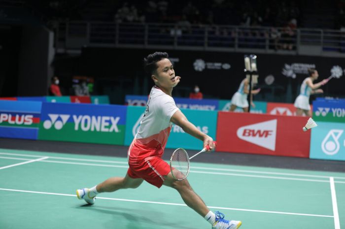 Pebulu tangkis tunggal putra Indonesia, Anthony Sinisuka Ginting, ketika tampil pada babak pertama Malaysia Open 2022 di Axiata Arena, Kuala Lumpur, Selasa (28/6/2022).