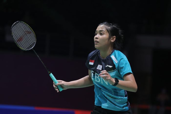 Tunggal putri Indonesia, Gregoria Mariska Tunjung, saat tampil melawan Akane Yamaguchi (Jepang) pada perempat final Malaysia Masters 2022 di Axiata Arena, Kuala Lumpur, Jumat (8/7/2022).