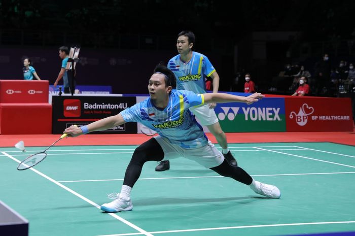 Aksi Mohammad Ahsan/Hendra Setiawan pada babak semifinal Malaysia Masters 2022, Sabtu (9/7/2022)