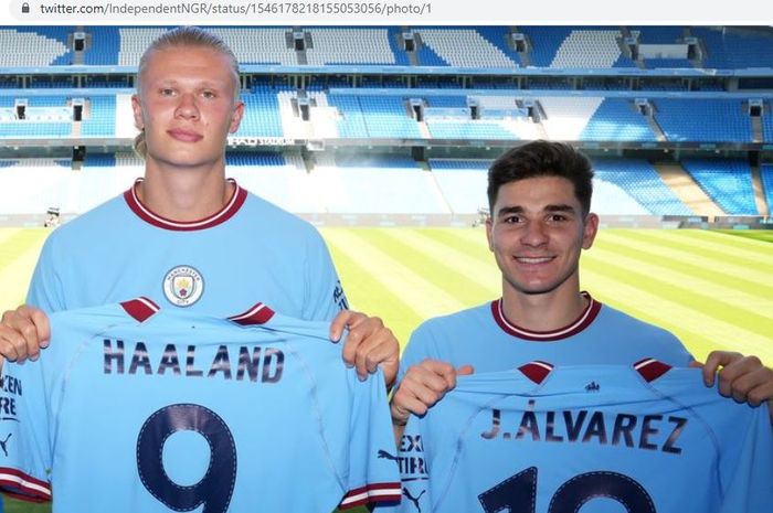 Dua striker anyar Manchester City, Erling Haaland dan Julian Alavarez