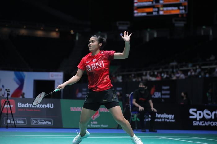 Gregoria Mariska Tunjung ketika tampil pada babak kesatu Singapore Open 2022 di Singapore Indoor Stadium, Rabu (13/7/2022).