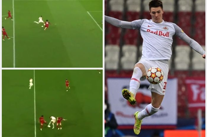 Bomber RB Salzburg, Benjamin Sesko, tampil gemilang saat mengalahkan Liverpool (27/7/2022). Inset: proses gol Sesko (atas) dan saat mengecoh dua pemain Liverpool.