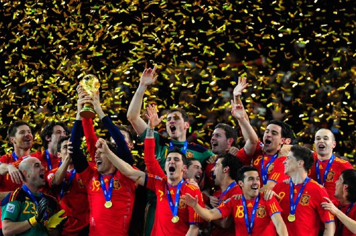 Momen perayaan timnas Spanyol saat menjuarai Piala Dunia 2010 usai mengalahkan timnas Belanda di partai puncak.