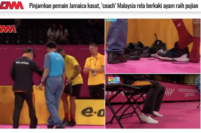 Tangkapan layar pemberitaan media Malaysia, OhMyMedia.cc, terhadap aksi legenda bulu tangkis Indonesia, Hendrawan, meminjamkan sepatu kepada lawan anak asuhnya pada Commonwealth Games 2022.