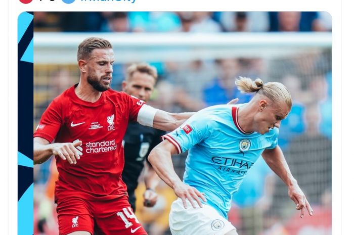 Bomber Man City, Erling Haaland (kiri), saat melawan Liverpool dalam laga Community Shield, Minggu (30/7/2022) di Stadion King Power, Leicester, Inggris.