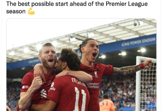 Selebrasi pemain Liverpool, Darwin Nunez (kanan), pada pertandingan Community Shield melawan Manchester City di Stadion King Power, Leicester, Minggu (30/7/2022).