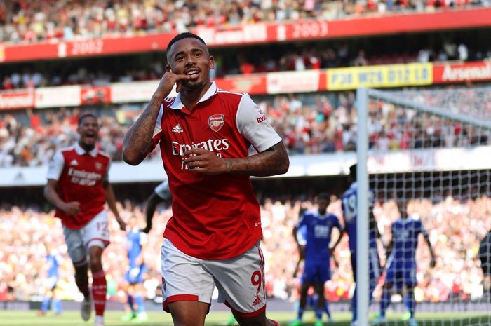 Striker Arsenal, Gabriel Jesus, merayakan gol ke gawang Leicester City dalam laga pekan kedua Liga Inggris di Stadion Emirates, Sabtu (13/8/2022).