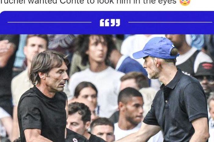 Momen jabat tangan Antonio Conte dengan Thomas Tuchel yang berujung keributan seusai laga Liga Inggris, Chelsea vs Tottenham Hotspur, di Stadion Stamford Bridge, Minggu (14/8/2022).