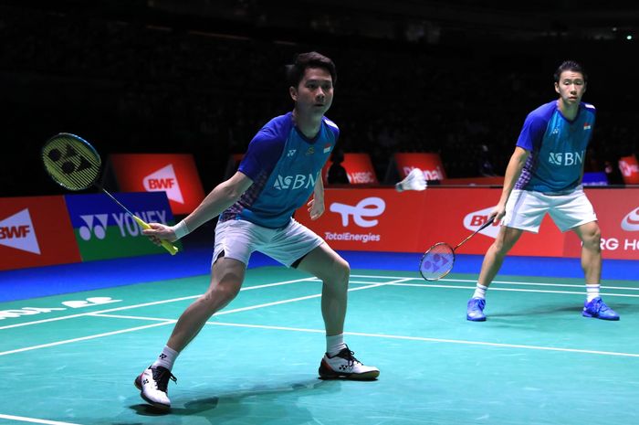 Pasangan ganda putra Indonesia, Marcus Fernaldi Gideon/Kevin Sanjaya Sukamuljo, pada babak kedua Kejuaraan Dunia 2022 di Tokyo Metropolitan Gymnasium, Rabu (24/8/2022).