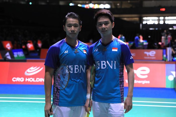 Pasangan ganda putra Indonesia, Marcus Fernaldi Gideon/Kevin Sanjaya Sukamuljo, pada babak kedua Kejuaraan Dunia 2022 di Tokyo Metropolitan Gymnasium, Rabu (24/8/2022).