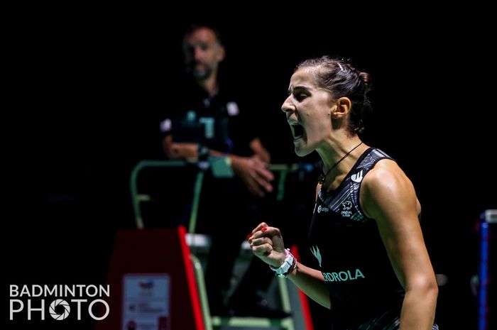 Pebulu tangkis tunggal putra Spanyol, Carolina Marin, pada babak ketiga Kejuaraan Dunia 2022 di Tokyo Metropolitan Gymnasium, Kamis (25/8/2022).