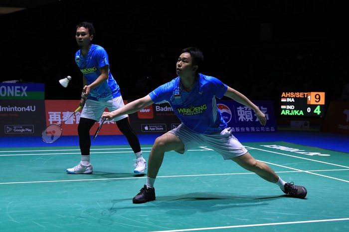 Pasangan ganda putra Indonesia, Mohammad Ahsan/Hendra Setiawan pada pertandingan perempat fina Kejuaraan Dunia 2022, Jumat (26/8/2022)