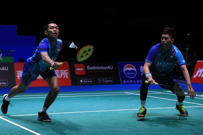 Pasangan ganda putra Indonesia, Fajar Alfian/Muhammad Rian Ardianto, pada perempat final Kejuaraan Dunia 2022 di Tokyo Metropolitan Gymnasium, Jumat (26/8/2022).