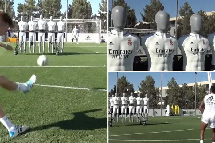 Para pemain Real Madrid melakukan latihan tendangan bebas dengan teknologi canggih yang menggunakan robot sebagai pengganti pagar betis.