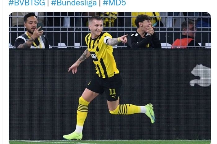 Marco Reus merayakan gol kemenangan Dortmund vs Hoffenheim pada duel Bundesliga (4/9/2022).