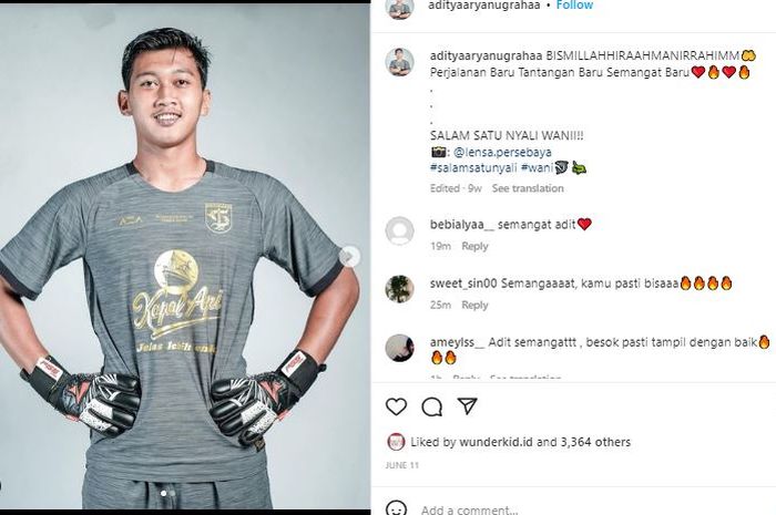 Kiper Persebaya Surabaya dan timnas U-20 Indonesia, Aditya Arya Nugraha.