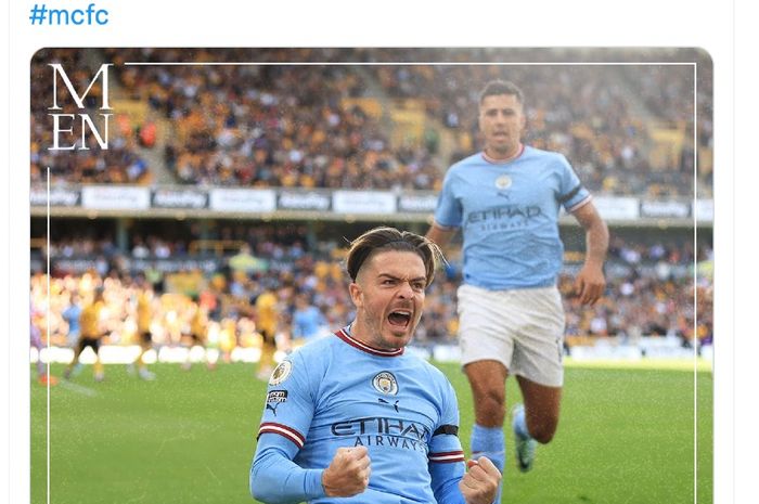 Selebrasi Jack Grealish atas golnya untuk Manchester City ke gawang Wolverhampton Wanderers pada pertandingan Liga Inggris 2022-2023, Sabtu (17/9/2022)