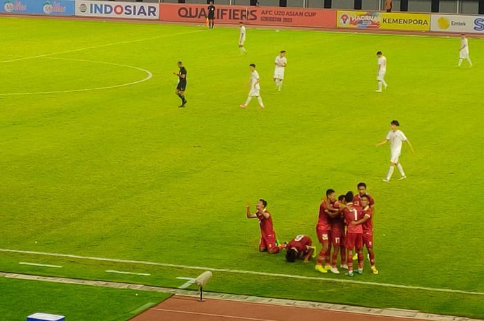 Selebrasi Pemain timnas U-20 Indonesia, Marselino Ferdinan setelah mencetak gol ke gawang Vietnam.