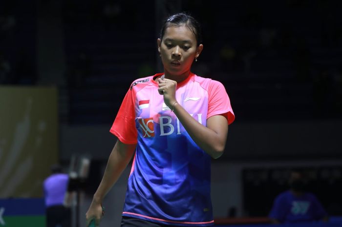 Pebulu tangkis tunggal putri Indonesia, Saifi Rizka Nurhidayah, pada babak perempat final Indonesia International Series di GOR Among Rogo, Yogyakarta, Jumat (23/9/2022).