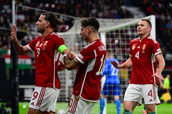 Striker timnas Hungaria, Adam Szalai, merayakan gol ke gawang timnas Jerman dalam laga Liga A Grup 3 UEFA Nations League di Stadion Red Bull Arena, Jumat (23/9/2022).