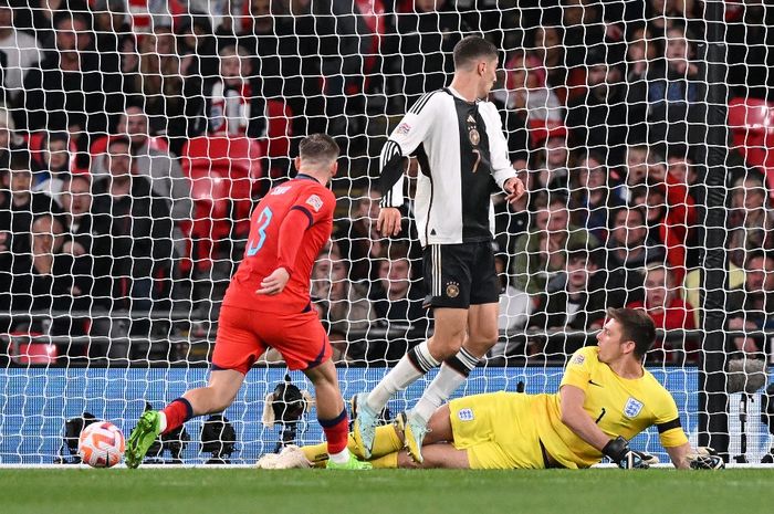 Momen Kai Havertz saat mencetak gol dalam laga Inggris kontra Jerman di UEFA Nations League, Selasa (27/9/2022).