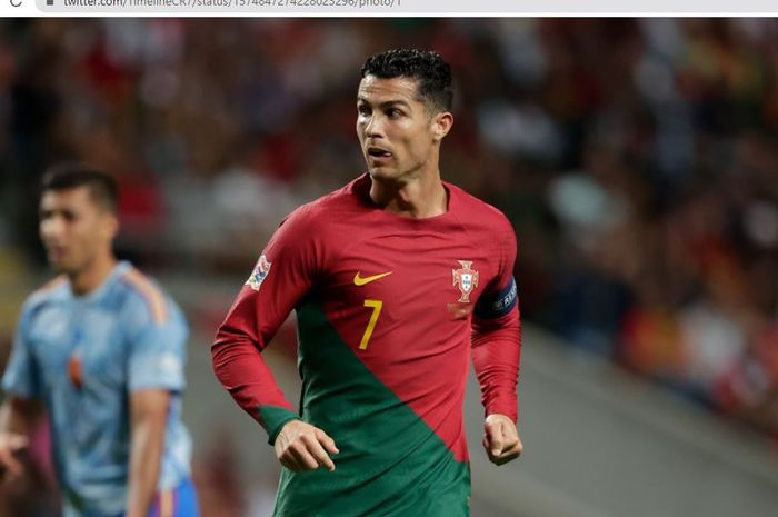 Cristiano Ronaldo tampil dengan wajah lebam pada laga antara timnas Portugal dan timnas Spanyol, Selasa (27/9/2022).