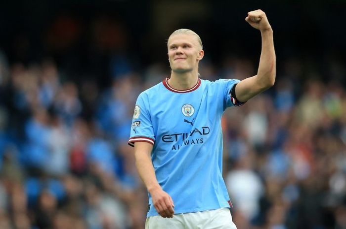 Striker Manchester City, Erling Haaland, dalam laga kontra Manchester United pada Minggu (2/10/2022).