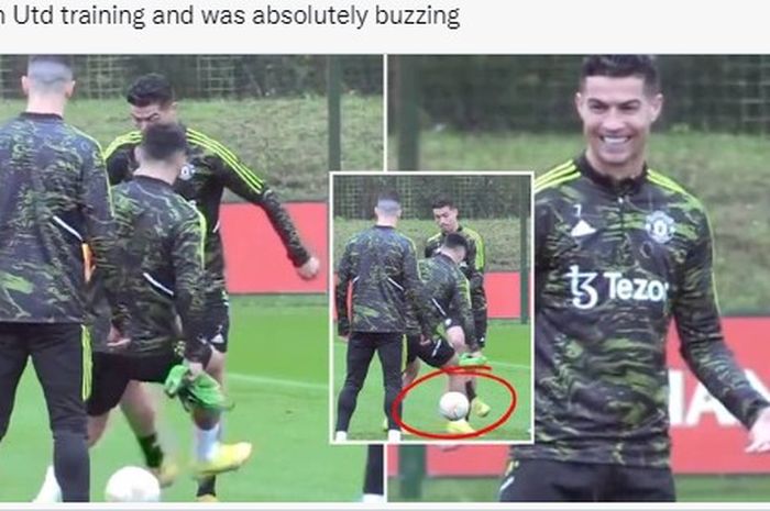 Cristiano Ronaldo terlihat gembiar usai berhasil melakukan nutmeg kepada Lisandro Martinez.