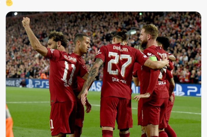 Selebrasi para pemain Liverpool atas kemenangan melawan Rangers FC pada matchday 3 Grup A Liga Champions musim 2022-2023 di Anfield, Rabu (5/10/2022) dini hari WIB.