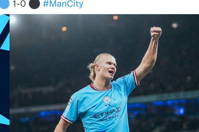 Striker Manchester City, Erling Haaland, merayakan gol ke gawang Copenhagen dalam laga Grup G Liga Champions di Stadion Etihad, Rabu (5/10/2022).